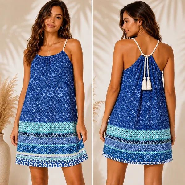 Hollister Blue Boho Shift Dress Women's M Sleeveless Tassel Mini Viscose Travel - Image 2