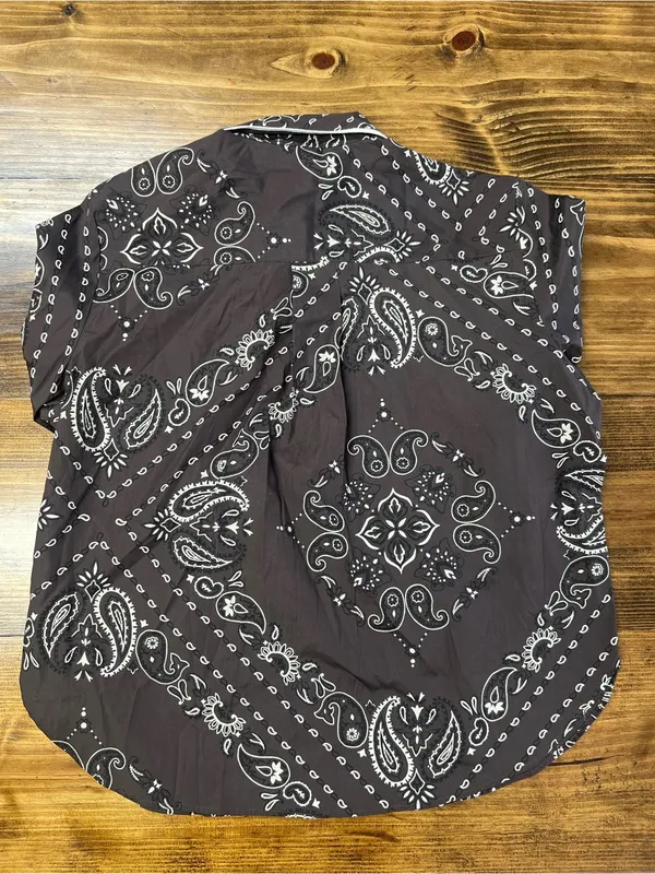 Madewell The Signature Y-Neck Shirt Chocolate Plum Bandana Print Size Medium NWT - Image 15