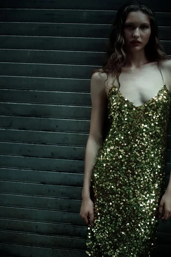 Zara Green Sequin Gown Maxi Dress Holiday Party Evening Festive Christmas - Image 14