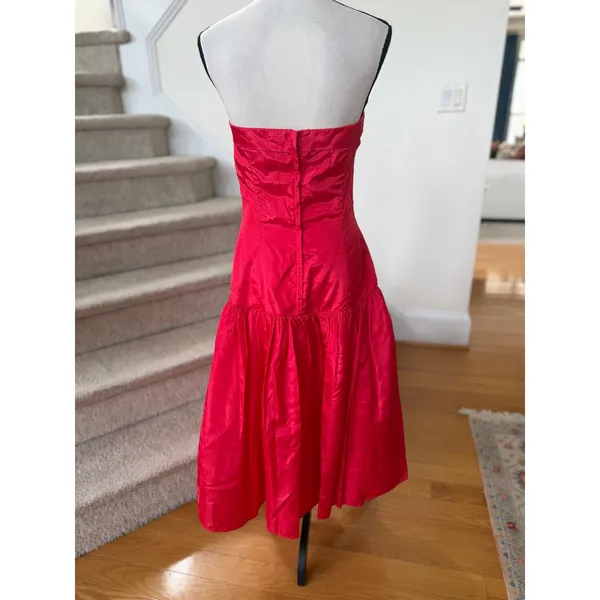 Vintage Pin Up Rockabilly Red Satin Strapless Drop Waist Midi Floral Sequin Gown - Image 3