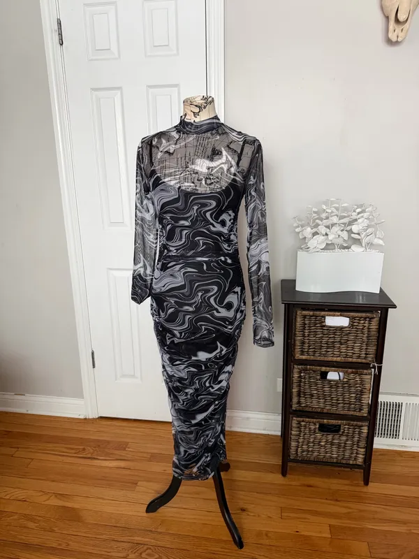 NWOT Akira marble High-Neck Print mesh y2k Bodycon Dress swirl pattern ruched Sz M black/white long sleeve - Image 2