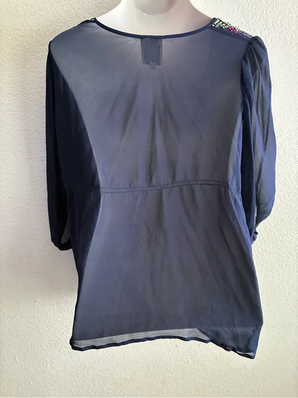 Anthropologie Saivana Silk Beaded Sheer Embroidered V-Neck Peasant Navy Blouse M - Image 2