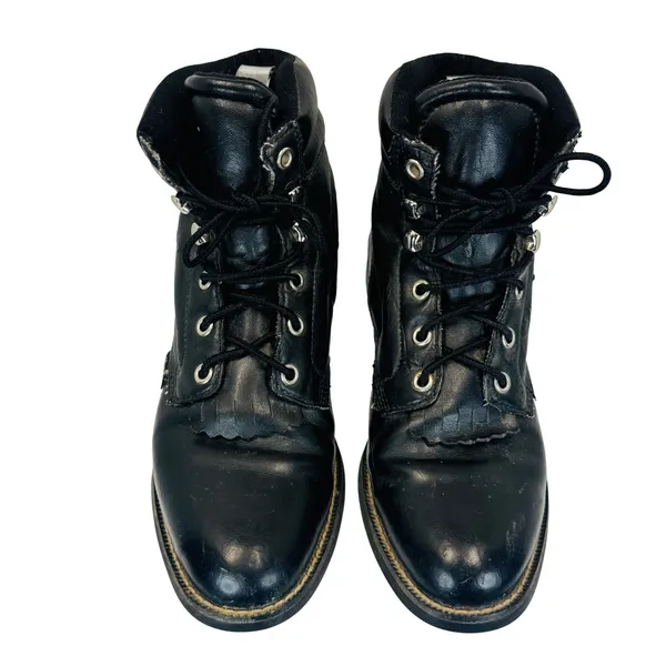 Justin Basics Black Leather Roper‎ Lace-Up Boots Women's 6B Work Western Vintage - Image 9