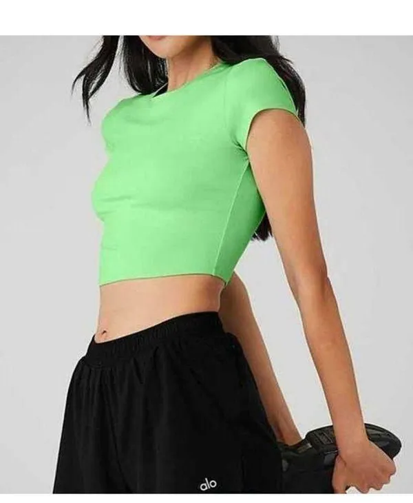 Alo Crop Finesse Short Sleeve Ultramint Neon Bright Stretchy Cropped T-Shirt Top - Image 4