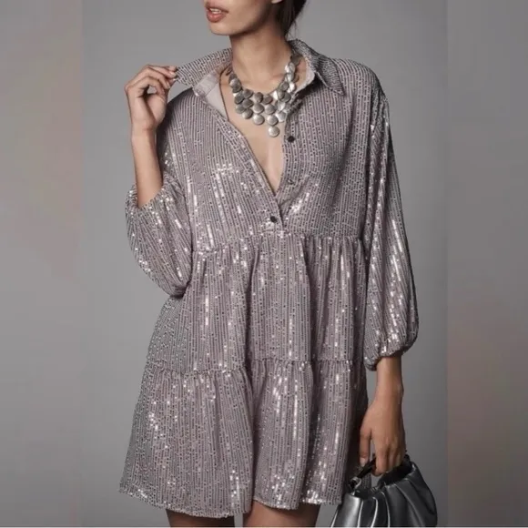 Anthropologie Maeve Bettina Mini Shirt Dress in Sparkly Silver Sequins Size XS‎ - Image 2