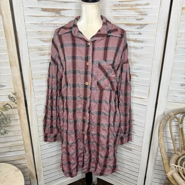 CUTLOOSE Women's XL Plaid Long Sleeve Shirtdress Maroon Burgundy Y2K Grunge - Image 3