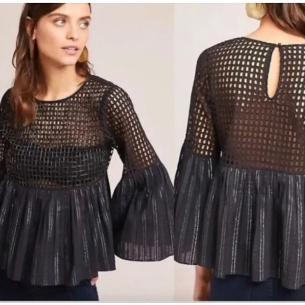 Anthropologie Maeve black beaded bell sleeve top size 2 - Image 2