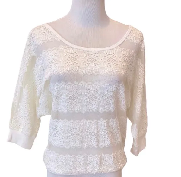 Forever 21 White Sheer Lace Top Elbow Sleeve S 4 6 90s Y2K Romantic Feminine - Image 2