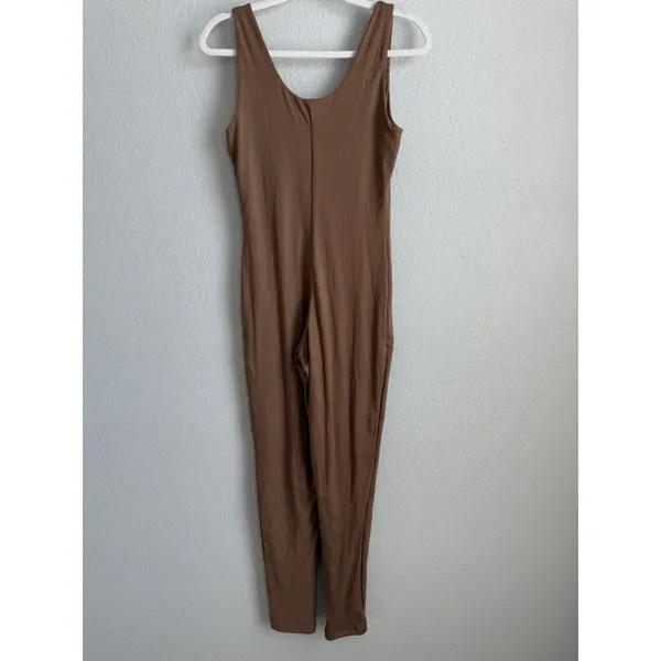 JLUXLABEL Pecan Alo Jumpsuit Brown Double Layer Scoop‎ Neck Bodycon Neutral XL - Image 4