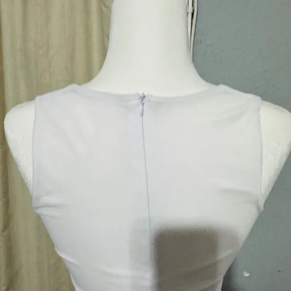 Fairy White Ruched Mesh Ruffle Hem Bodycon Lined Dress Square Neck Sleeveless‎ S - Image 6