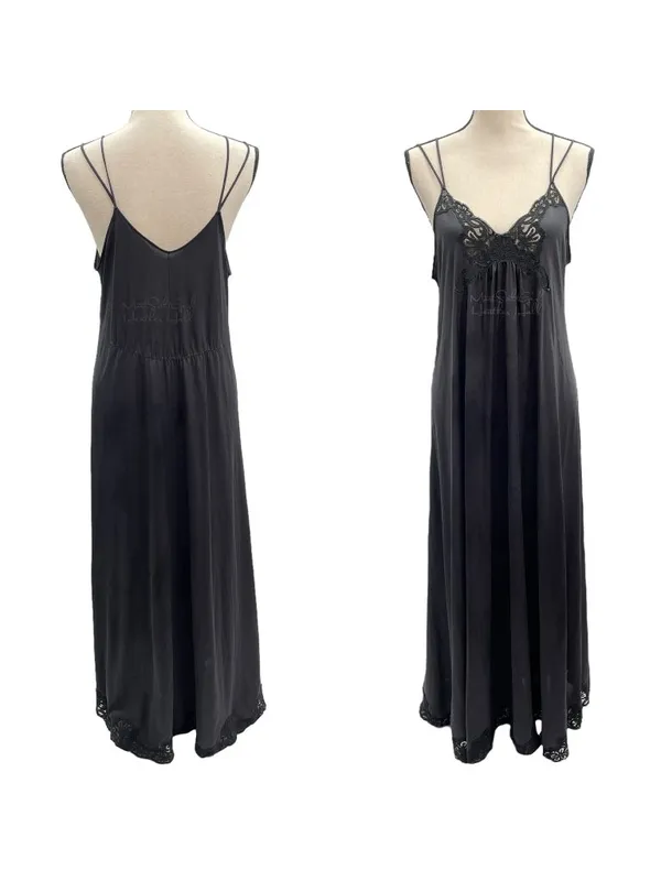Vintage Shadowline Low V-Neckline Floral Lace Sexy Nightwear Maxi Slip Dress - Image 2