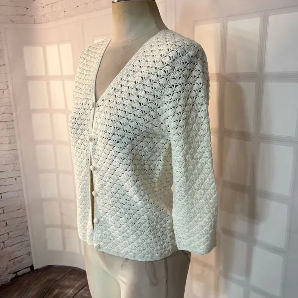 Lauren Ralph Lauren White Exclusive Hand Knit V-Neck Cardigan Petite Medium - Image 3