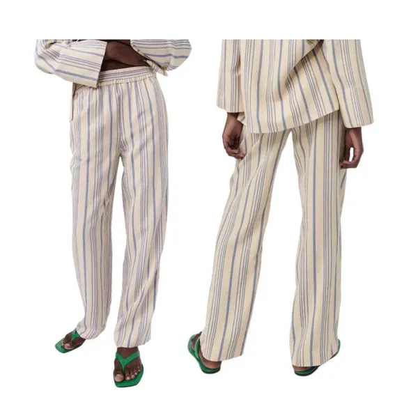 Zara Beige Blue Striped High Waist Pull on Trouser‎ Pants Size Medium - Image 2