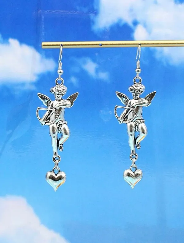 Pair of cupid, dangle drop earrings, heart, love, arrow, silver cherub, angel jewelry - Image 2