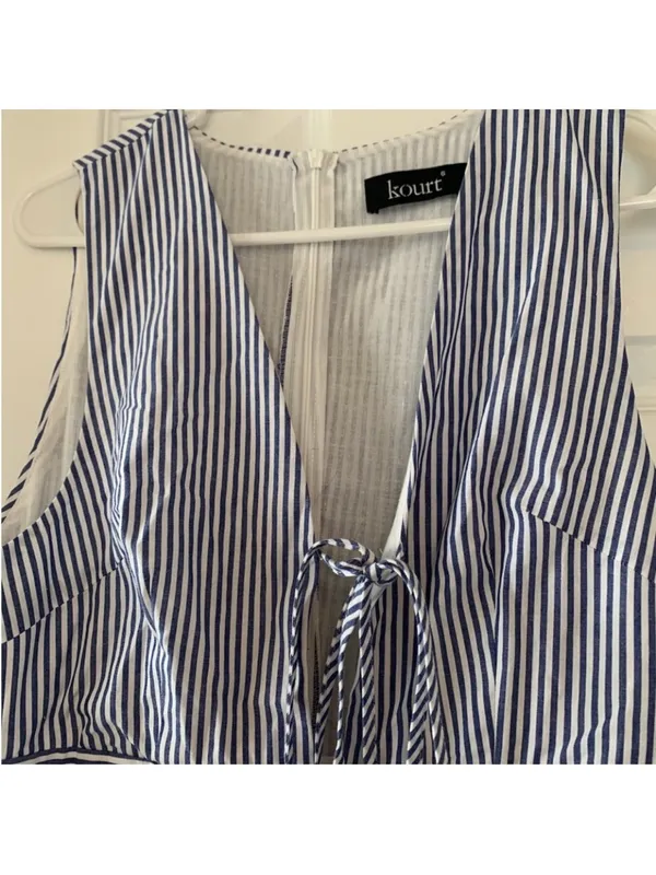 NWT KOURT Blue Stripe Coralie Cotton Dress size 6 blue white stripe midi tie - Image 5