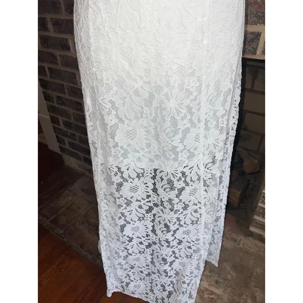 Aura RED DRESS White Lace Halter Neck Maxi Dress Sheer Split Hem Size XS - Image 4