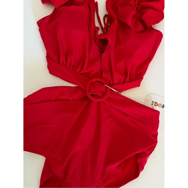 Red Ruffle Shoulder Cutout One-Piece Swimsuit NEW Medium - Image 4