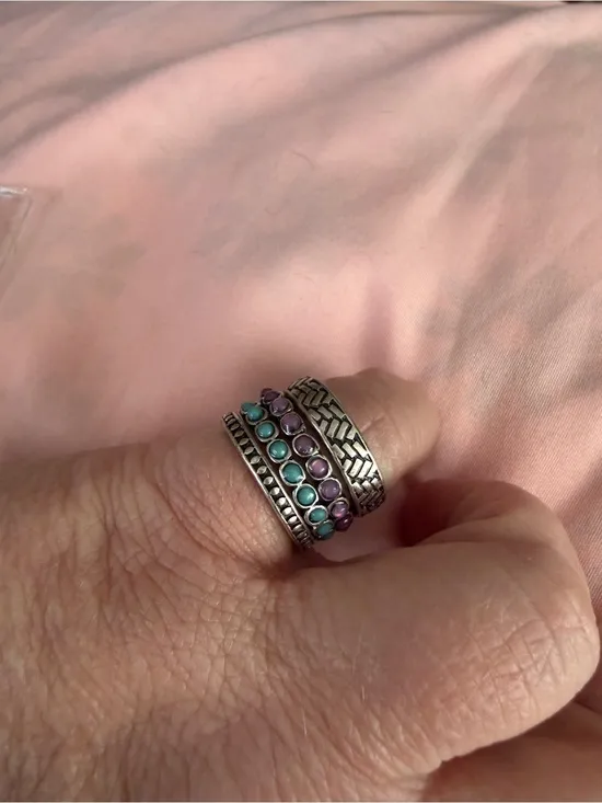Sterling-Style Purple & Turquoise Stacking Ring Set of 4 - Image 2