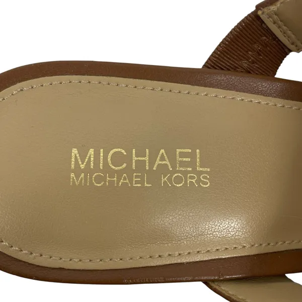 Michael Kors Paloma Flex Mule Sandals Gold Block Heel Brown Size 7M - Image 10