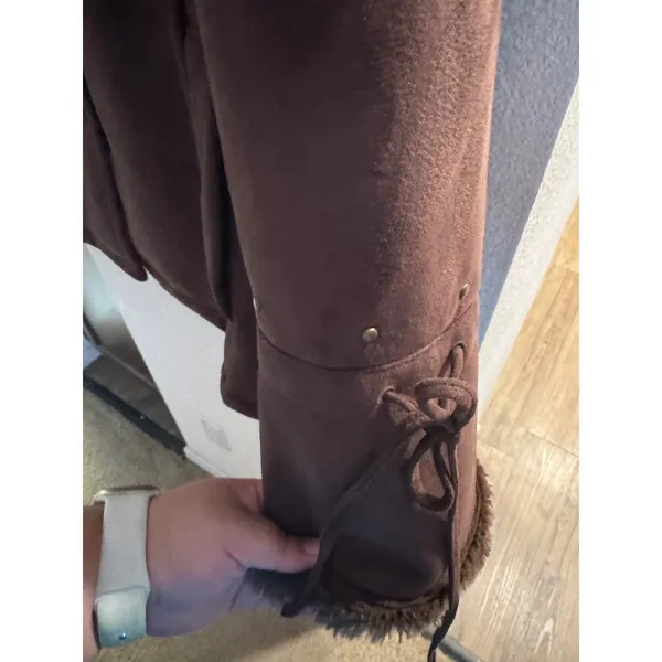Platinum by Utex Brown Faux Suede Jacket Faux Fur Trim Lace Up Sleeves XL - Image 6