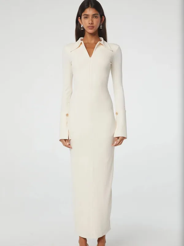 The Line By K Candela Flared Sleeve Maxi Ribbed Zipper Dress Vanilla Medium - Image 2