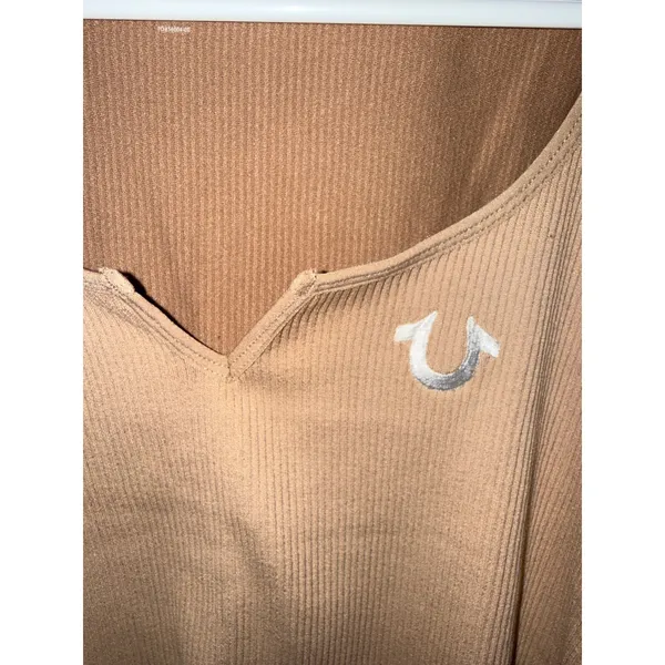 True Religion Womens Ribbed Seamless Crop Top Long Sleeve Tan Brown Logo‎ M/L - Image 4