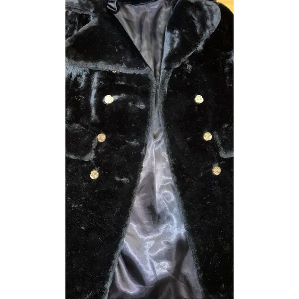 Vintage Faux Women Fur Coat Double Breasted Gold Clover Buttons Long Length M-L - Image 3