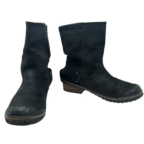 Sorel Slimshortie Waterproof‎ Leather Moto Boots Black Buckle Womens 9 - Image 4