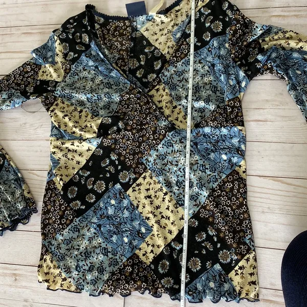 Y2k vintage boho floral patchwork blouse long sleeve blue brown tan large - Image 8