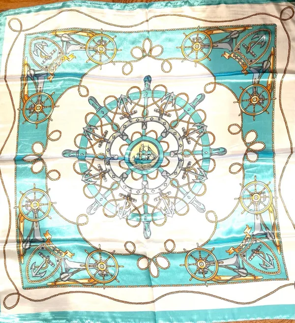 Vintage Square Sailing BOAT,WHEEL&Anchor 35/35 Oversized TEAL satin Silky SCARF - Image 9