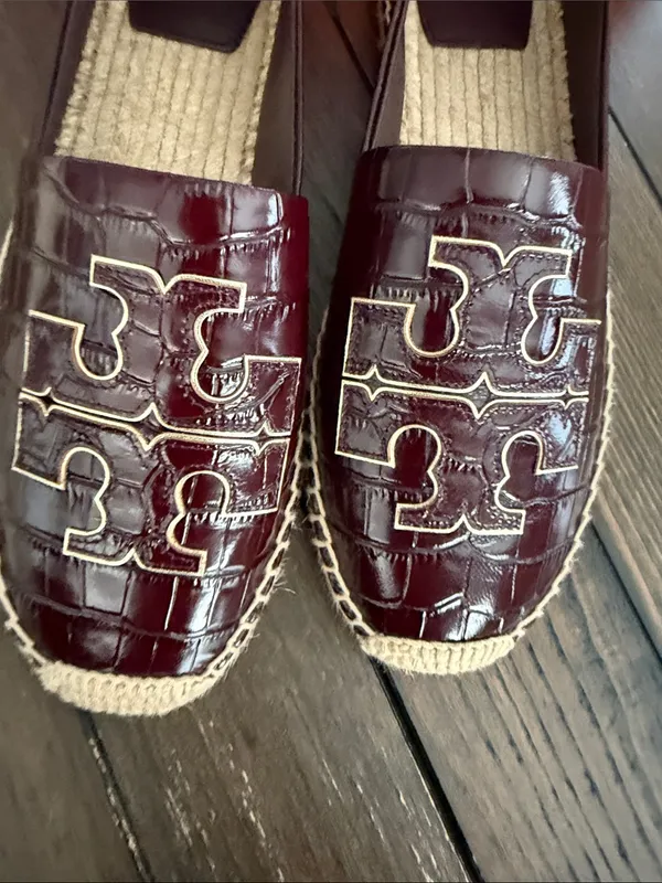 Tory Burch Burgundy Croc-Embossed Logo Espadrilles - Image 5