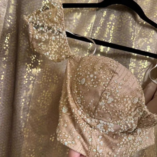 BLITHE Skirt Shorts Top Set Nude‎ Sparkly Gold Glittery Mesh Girly Outfit XS/S - Image 2