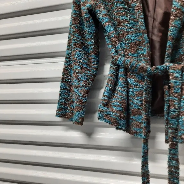 Erin London Jacket Women's Medium Brown Blue Long Sleeve Fuzzy Belted Blazer - Image 8