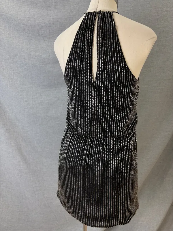 Parker NY‎ Black Silver Bugle Bead Halter Mini Dress Size 0 - Image 4