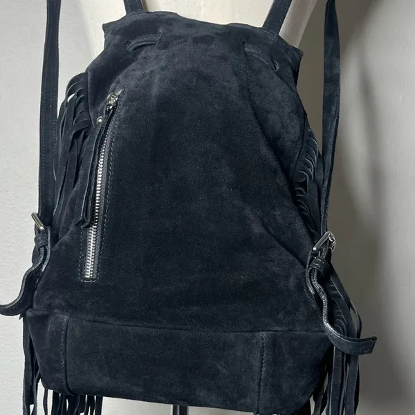 D2 DSQUARED Black Suede Fringe Backpack Western Boho Relaxed Low Hanging - Image 6