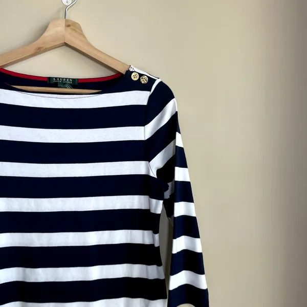 Lauren Ralph Lauren navy white red striped sailor boat neck midi dress women's M - Image 2