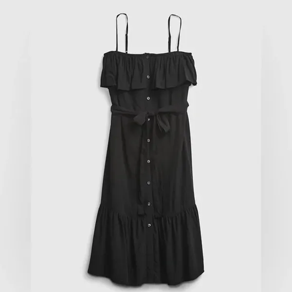 Gap Button Front Ruffle Cami True Black‎ Sleeveless Midi Dress No Belt - S NWT - Image 2