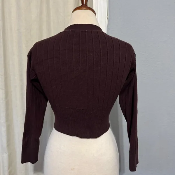 All The Ways Brown Ribbed Knit Cropped Cardigan V-Neck Stretcy Top‎ Women Size S - Image 5