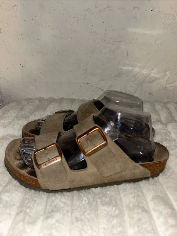 Birkenstock Taupe Suede Two-Strap Sandals with Gold Buckles - Image 3