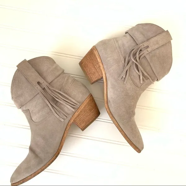 Joie Taupe Suede Fringe Western Ankle Boots Stacked Wood Block Heel 'Keaton' - Image 8