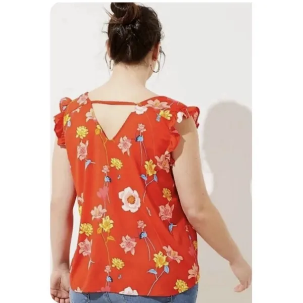 LOFT Women's Orange Red Lily Bar Back Shell Floral Flutter‎ Sleeve Blouse Size M - Image 3