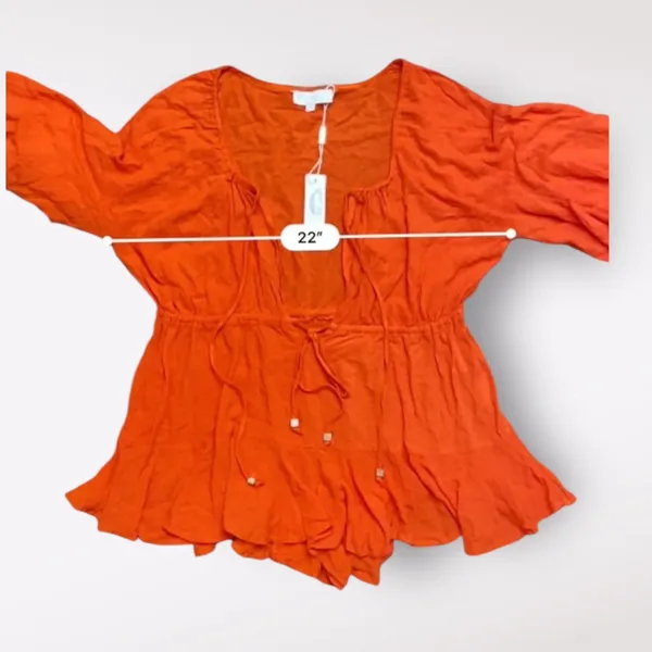 Meshki‎ Orange Skyla Playsuit Romper NWT Off Shoulder V-Neck Tasseled Size M - Image 4