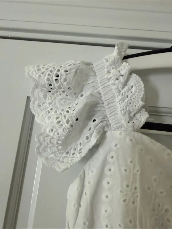 Made in Italy White Eyelet Ruffle Strap Bustier Cinched Line Dress 100% Cotton - Image 3