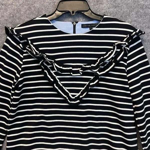 ENGLISH FACTORY Top Women's Small Black White Striped Ruffled‎ Trim Long Sleeve - Image 3