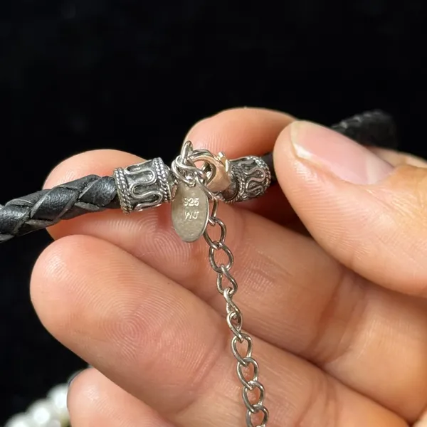 WJ Sterling Silver 925 Braided Black Leather Pearl Necklace Bracelet Jewelry Set - Image 3