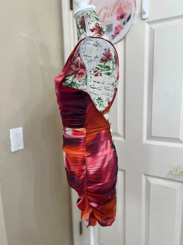 NWT Oh Polly Orange Red Abstract Ruched Mesh Bodycon Mini Dress V-Neck Size 6 - Image 5