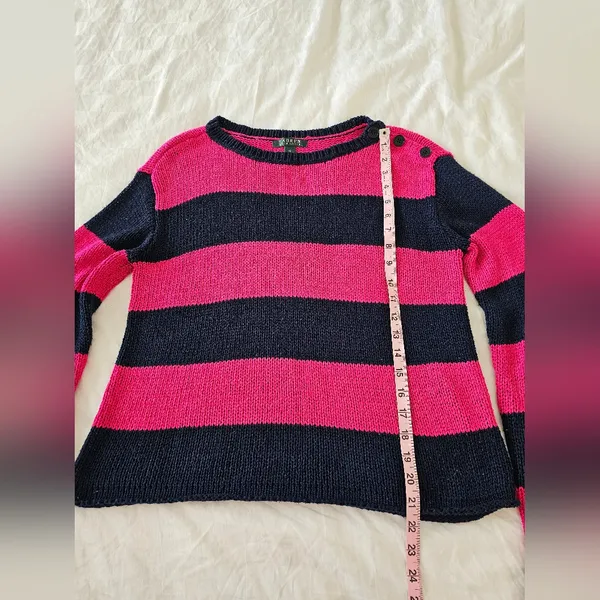 Lauren Ralph Lauren Pink & Navy Striped Button Shoulder Sweater – Size M - Image 8
