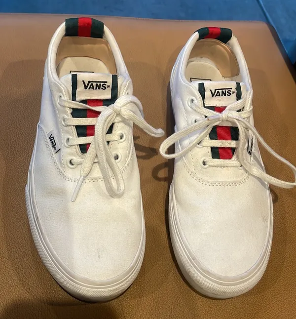 Vans White Custom Green Red Trim Stacked Sole Lace-Up Sneakers $90 VGUC Wmn 8.5 - Image 6