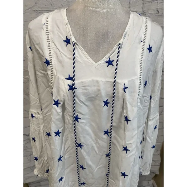 Kaktus Nautical Embroidered Stars Peasant Top Size M Tassels White Blue Festive - Image 2