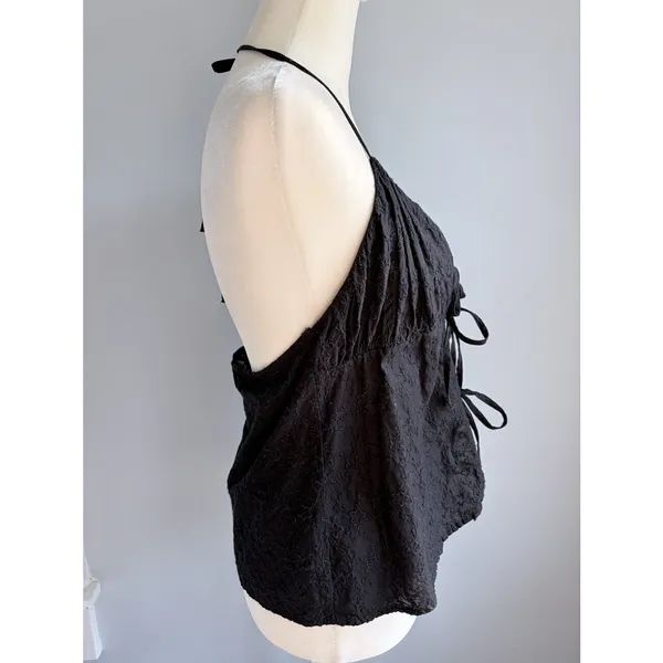 Zara Black Floral Embroidered Halter Crop Top Tie Front Whimsigoth M - Image 6